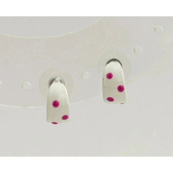 Vintage White Enamel & Pink Polka Dot Mini Dainty Open Hoops - Picture 5 of 5